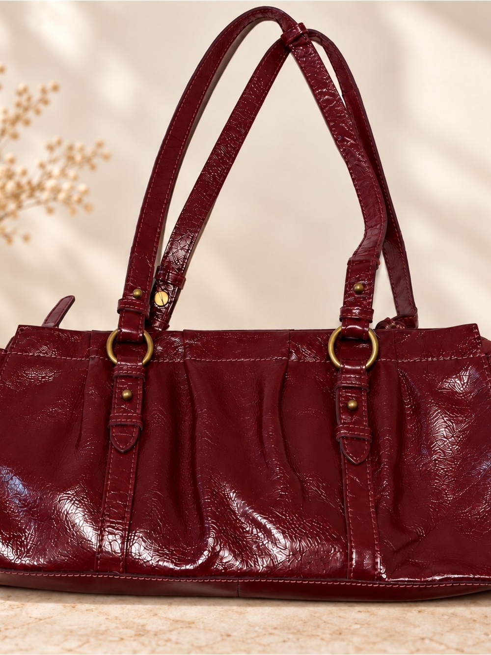 Glossy Burgundy Patent Shoulder Bag with Gold Hardware